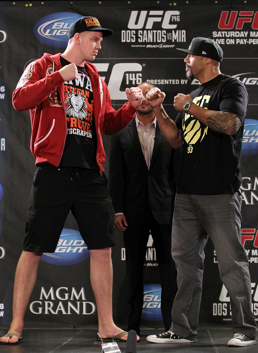 LAS VEGAS, NV - MAY 24: (L-R) Opponents Stefan Struve and Lavar Johnson face off during the UFC 146 press conference at MGM Grand on May 24, 2012 in Las Vegas, Nevada. (Photo by Josh Hedges/Zuffa LLC/Zuffa LLC via Getty Images)