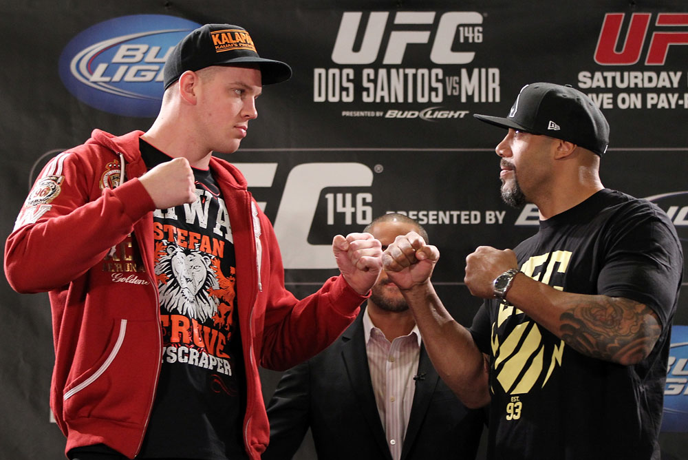 LAS VEGAS, NV - MAY 24: (L-R) Opponents Stefan Struve and Lavar Johnson face off during the UFC 146 press conference at MGM Grand on May 24, 2012 in Las Vegas, Nevada. (Photo by Josh Hedges/Zuffa LLC/Zuffa LLC via Getty Images)