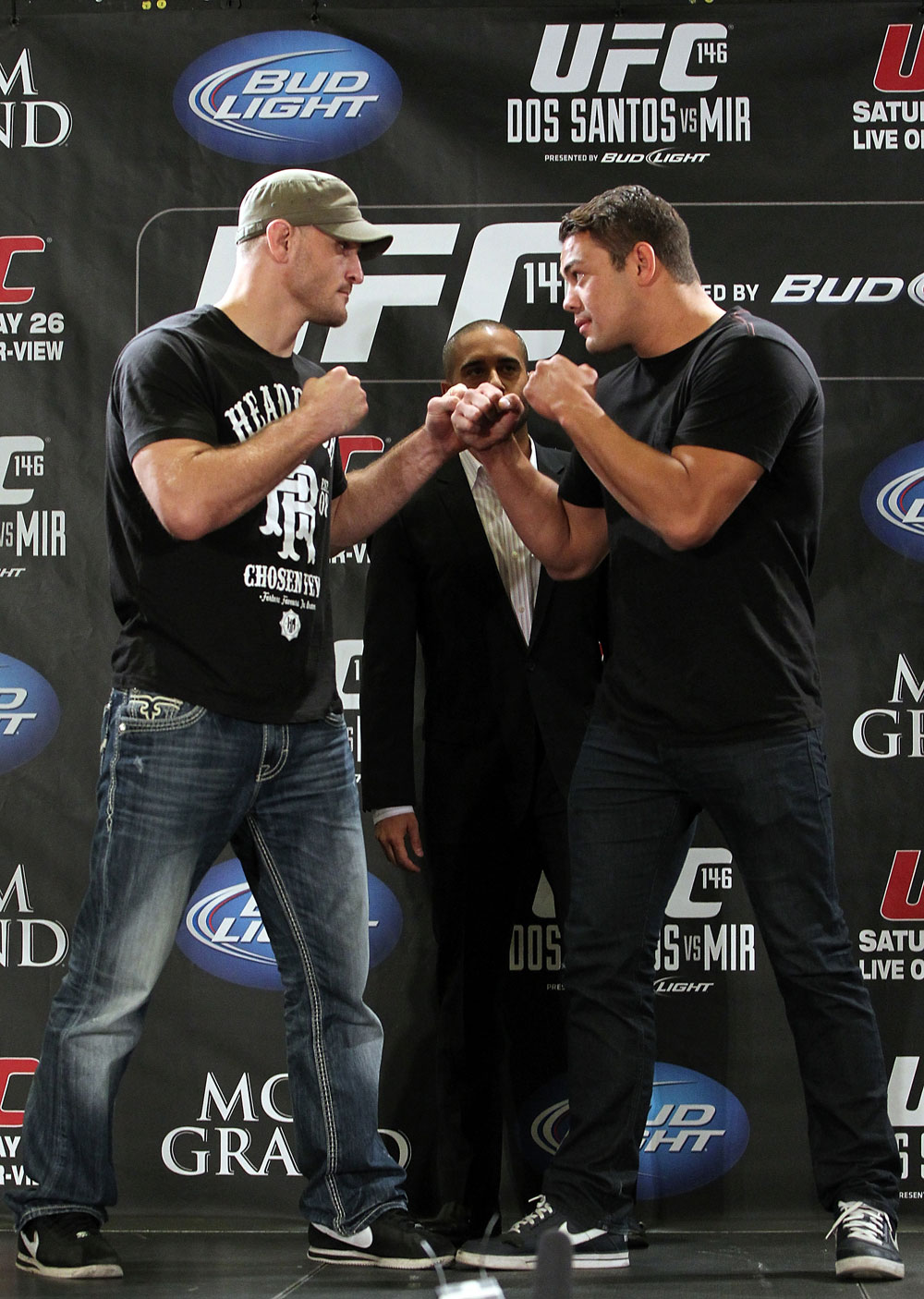 LAS VEGAS, NV - MAY 24: (L-R) Opponents Stipe Miocic and Shane Del Rosario face off during the UFC 146 press conference at MGM Grand on May 24, 2012 in Las Vegas, Nevada. (Photo by Josh Hedges/Zuffa LLC/Zuffa LLC via Getty Images)