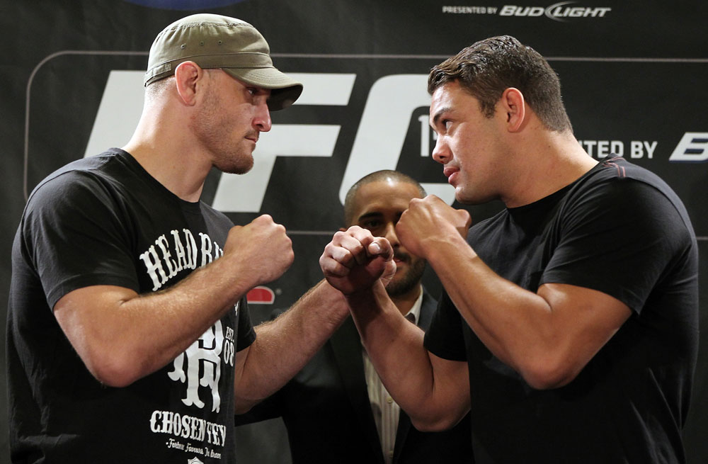 LAS VEGAS, NV - MAY 24: (L-R) Opponents Stipe Miocic and Shane Del Rosario face off during the UFC 146 press conference at MGM Grand on May 24, 2012 in Las Vegas, Nevada. (Photo by Josh Hedges/Zuffa LLC/Zuffa LLC via Getty Images)