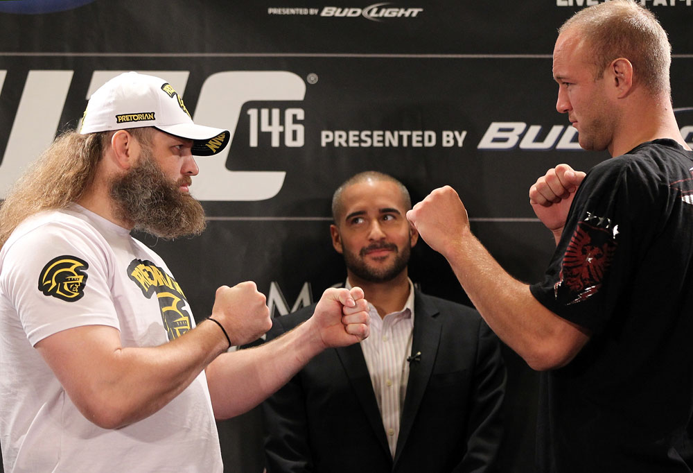 LAS VEGAS, NV - MAY 24: (L-R) Opponents Roy Nelson and Dave Herman face off during the UFC 146 press conference at MGM Grand on May 24, 2012 in Las Vegas, Nevada. (Photo by Josh Hedges/Zuffa LLC/Zuffa LLC via Getty Images)