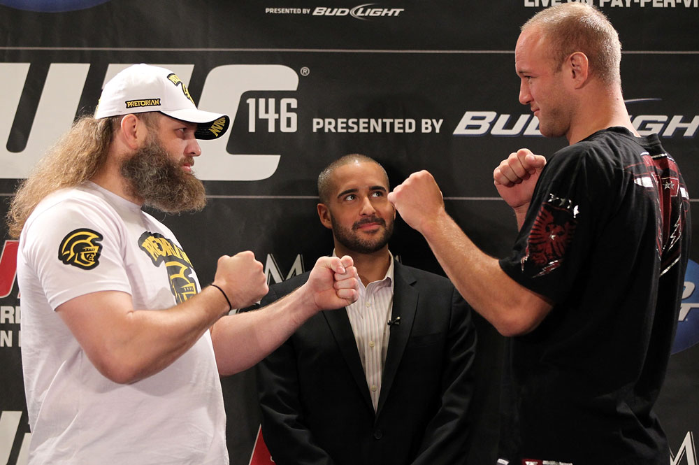 LAS VEGAS, NV - MAY 24: (L-R) Opponents Roy Nelson and Dave Herman face off during the UFC 146 press conference at MGM Grand on May 24, 2012 in Las Vegas, Nevada. (Photo by Josh Hedges/Zuffa LLC/Zuffa LLC via Getty Images)