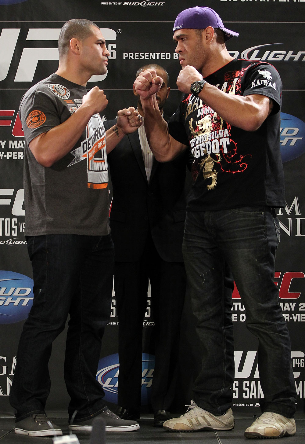 LAS VEGAS, NV - MAY 24: (L-R) Opponents Cain Velasquez and Antonio "Big Foot" Silva face off during the UFC 146 press conference at MGM Grand on May 24, 2012 in Las Vegas, Nevada. (Photo by Josh Hedges/Zuffa LLC/Zuffa LLC via Getty Images)