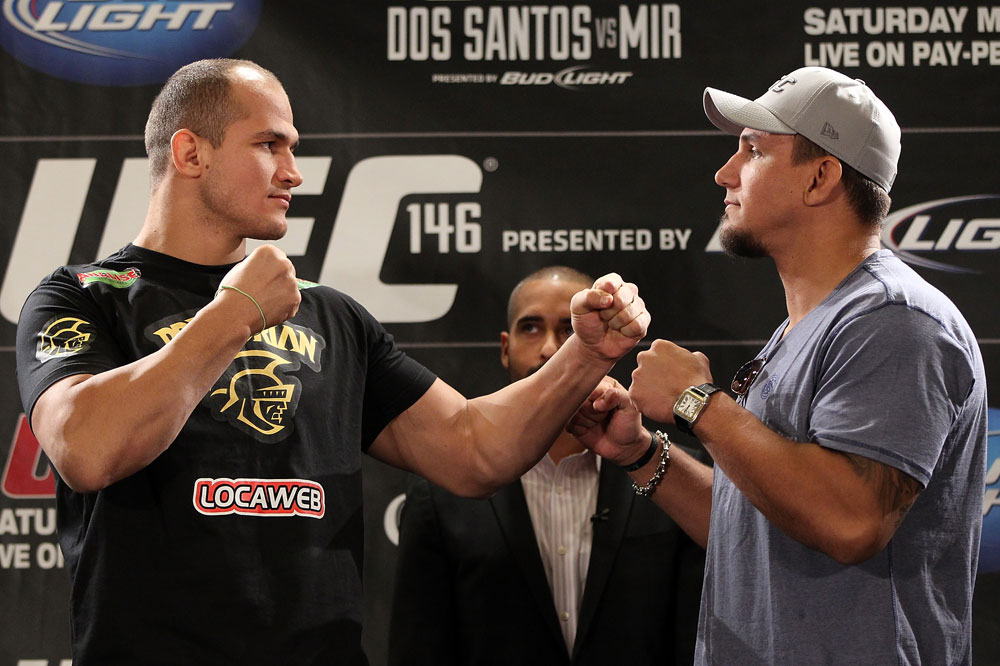 LAS VEGAS, NV - MAY 24: (L-R) UFC Heavyweight Champion Junior dos Santos and challenger Frank Mir face off during the UFC 146 press conference at MGM Grand on May 24, 2012 in Las Vegas, Nevada. (Photo by Josh Hedges/Zuffa LLC/Zuffa LLC via Getty Images)