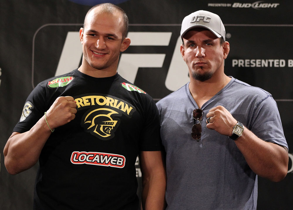 LAS VEGAS, NV - MAY 24: (L-R) UFC Heavyweight Champion Junior dos Santos and challenger Frank Mir pose for photos during the UFC 146 press conference at MGM Grand on May 24, 2012 in Las Vegas, Nevada. (Photo by Josh Hedges/Zuffa LLC/Zuffa LLC via Getty Images)