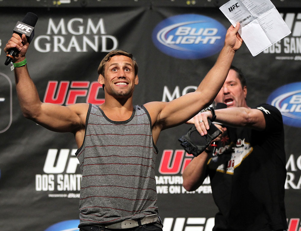 LAS VEGAS, NV - MAY 25:   Urijah Faber interacts with fans during a Q&A session before the UFC 146 official weigh in at the MGM Grand Garden Arena on May 25, 2012 in Las Vegas, Nevada.  (Photo by Josh Hedges/Zuffa LLC/Zuffa LLC via Getty Images)
