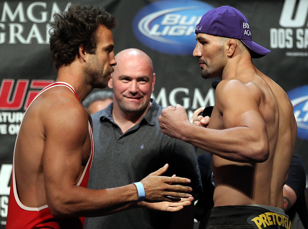 LAS VEGAS, NV - MAY 25: (L-R) Opponents Kyle Kingsbury and Glover Texeira face off after making weight during the UFC 146 official weigh in at the MGM Grand Garden Arena on May 25, 2012 in Las Vegas, Nevada. (Photo by Josh Hedges/Zuffa LLC/Zuffa LLC via Getty Images)
