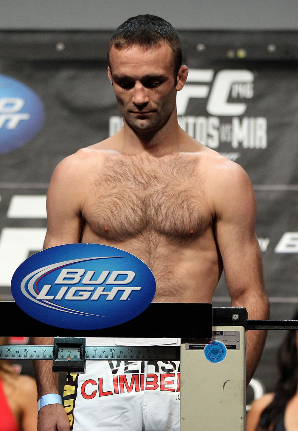LAS VEGAS, NV - MAY 25: Jacob Volkmann makes weight during the UFC 146 official weigh in at the MGM Grand Garden Arena on May 25, 2012 in Las Vegas, Nevada. (Photo by Josh Hedges/Zuffa LLC/Zuffa LLC via Getty Images)
