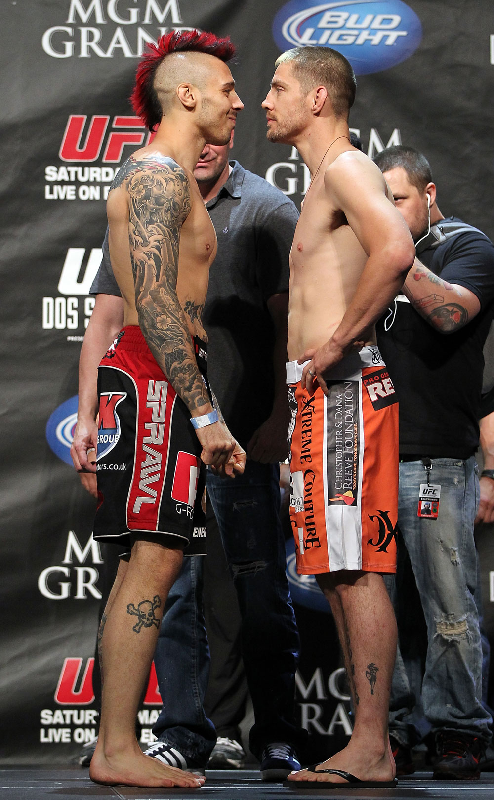 LAS VEGAS, NV - MAY 25: (L-R) Opponents Dan Hardy and Duane Ludwig face off after making weight during the UFC 146 official weigh in at the MGM Grand Garden Arena on May 25, 2012 in Las Vegas, Nevada. (Photo by Josh Hedges/Zuffa LLC/Zuffa LLC via Getty Images)