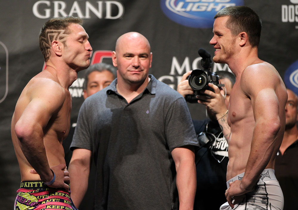 LAS VEGAS, NV - MAY 25:   (L-R) Opponents Jason "Mayhem" Miller and CB Dollaway face off after making weight during the UFC 146 official weigh in at the MGM Grand Garden Arena on May 25, 2012 in Las Vegas, Nevada.  (Photo by Josh Hedges/Zuffa LLC/Zuffa LLC via Getty Images)