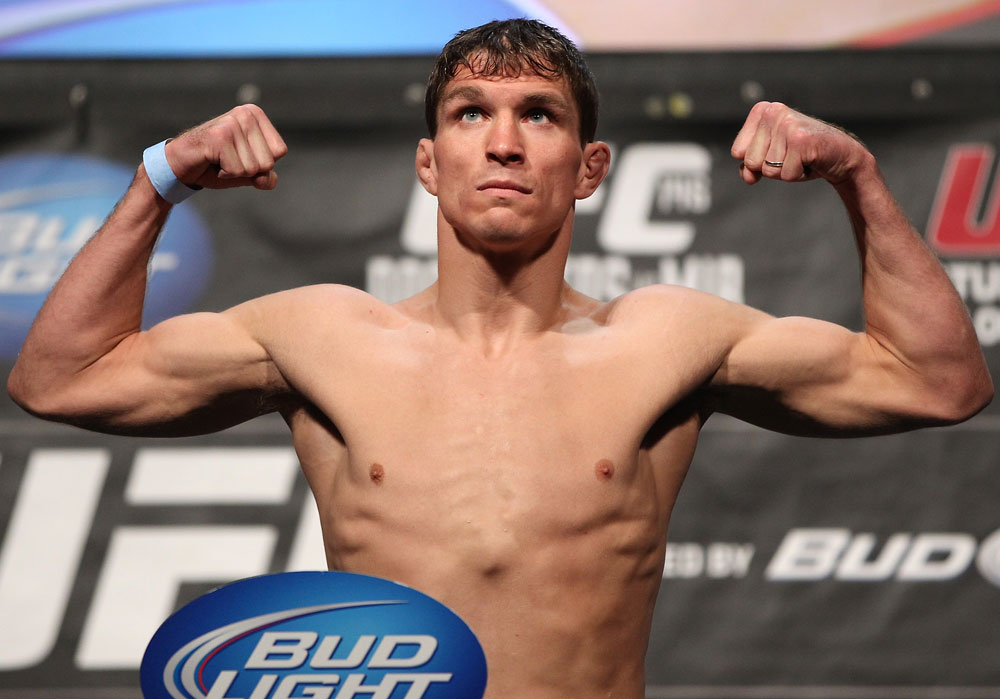 LAS VEGAS, NV - MAY 25:   Darren Elkins makes weight during the UFC 146 official weigh in at the MGM Grand Garden Arena on May 25, 2012 in Las Vegas, Nevada.  (Photo by Josh Hedges/Zuffa LLC/Zuffa LLC via Getty Images)