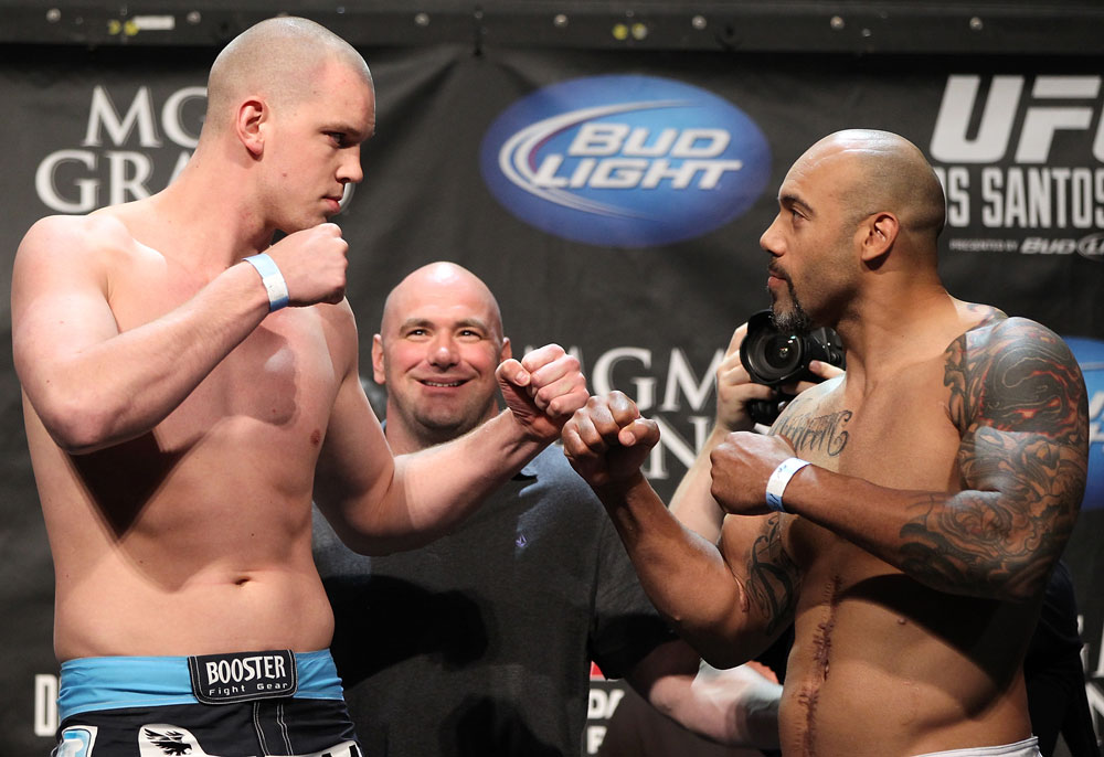 LAS VEGAS, NV - MAY 25: (L-R) Opponents Stefan Struve and Lavar Johnson face off after making weight during the UFC 146 official weigh in at the MGM Grand Garden Arena on May 25, 2012 in Las Vegas, Nevada. (Photo by Josh Hedges/Zuffa LLC/Zuffa LLC via Getty Images)
