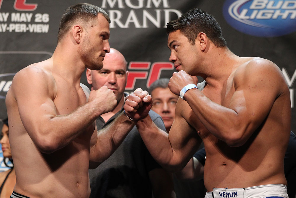 LAS VEGAS, NV - MAY 25:   (L-R) Opponents Stipe Miocic and Shane Del Rosario face off after making weight during the UFC 146 official weigh in at the MGM Grand Garden Arena on May 25, 2012 in Las Vegas, Nevada.  (Photo by Josh Hedges/Zuffa LLC/Zuffa LLC via Getty Images)