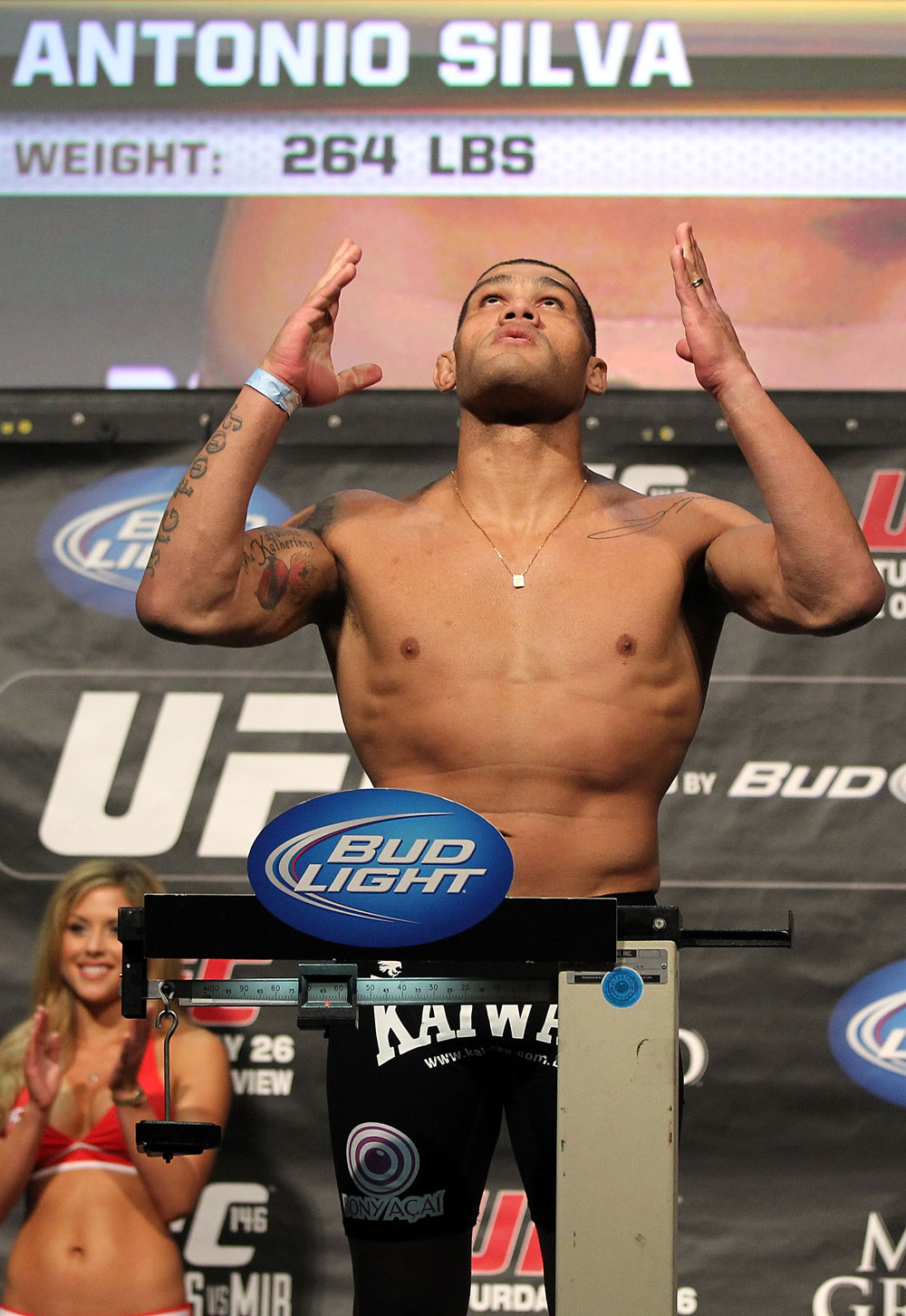 LAS VEGAS, NV - MAY 25: Antonio "Big Foot" Silva makes weight ahead of his bout against Cain Velasquez during the UFC 146 official weigh in at the MGM Grand Garden Arena on May 25, 2012 in Las Vegas, Nevada. (Photo by Josh Hedges/Zuffa LLC/Zuffa LLC via Getty Images)