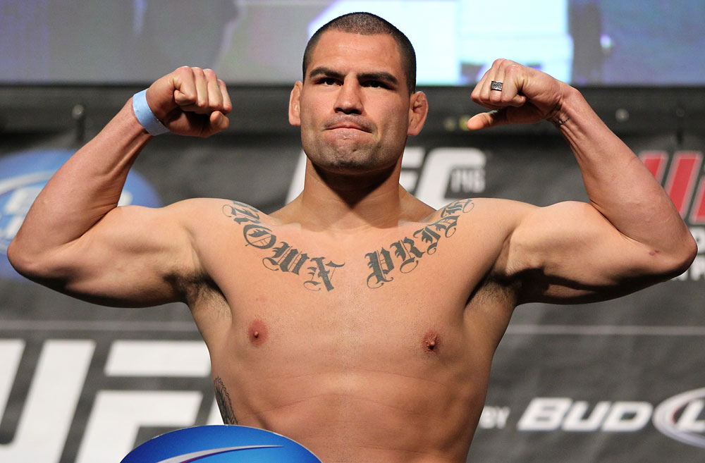 LAS VEGAS, NV - MAY 25:   Cain Velasquez makes weight ahead of his bout against Antonio Silva during the UFC 146 official weigh in at the MGM Grand Garden Arena on May 25, 2012 in Las Vegas, Nevada.  (Photo by Josh Hedges/Zuffa LLC/Zuffa LLC via Getty Images)