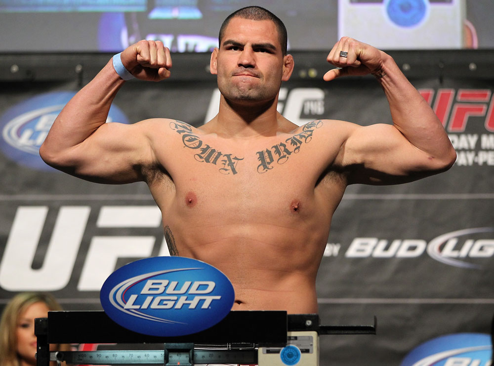 LAS VEGAS, NV - MAY 25: Cain Velasquez makes weight ahead of his bout against Antonio Silva during the UFC 146 official weigh in at the MGM Grand Garden Arena on May 25, 2012 in Las Vegas, Nevada. (Photo by Josh Hedges/Zuffa LLC/Zuffa LLC via Getty Images)
