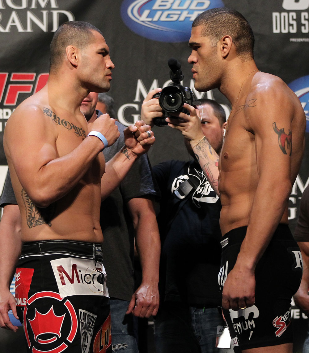 LAS VEGAS, NV - MAY 25: (L-R) Opponents Cain Velasquez and Antonio "Big Foot" Silva face off after making weight during the UFC 146 official weigh in at the MGM Grand Garden Arena on May 25, 2012 in Las Vegas, Nevada. (Photo by Josh Hedges/Zuffa LLC/Zuffa LLC via Getty Images)
