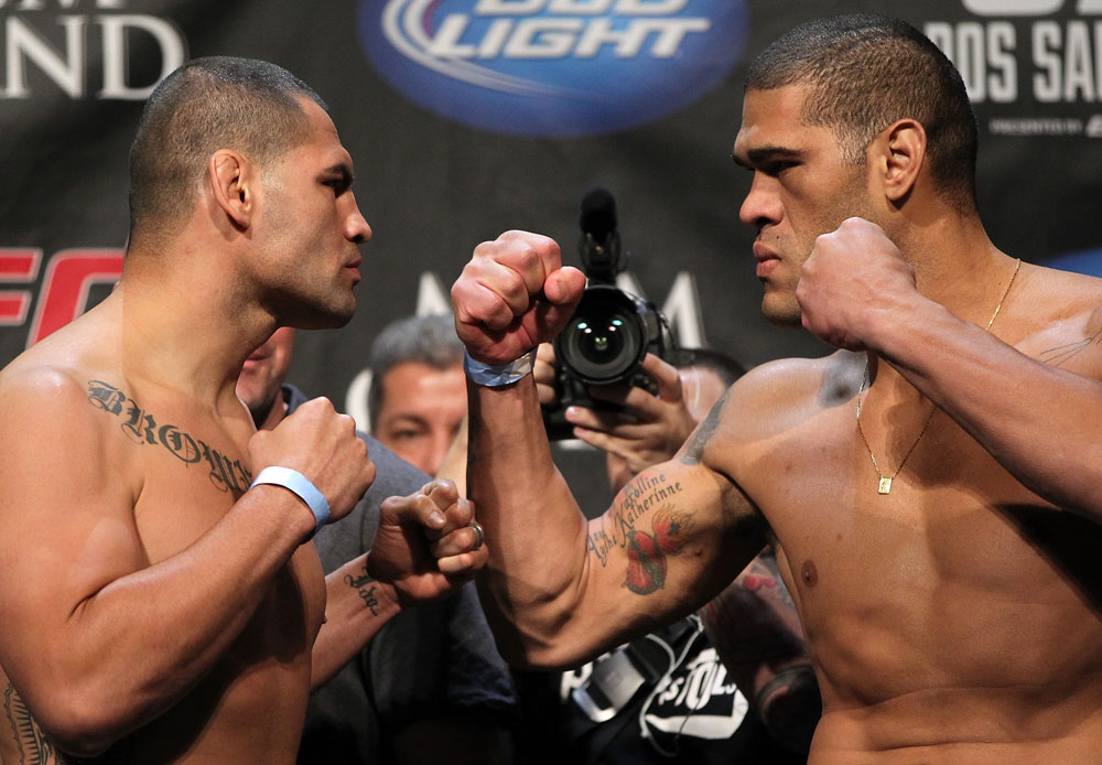 LAS VEGAS, NV - MAY 25: (L-R) Opponents Cain Velasquez and Antonio "Big Foot" Silva face off after making weight during the UFC 146 official weigh in at the MGM Grand Garden Arena on May 25, 2012 in Las Vegas, Nevada. (Photo by Josh Hedges/Zuffa LLC/Zuffa LLC via Getty Images)