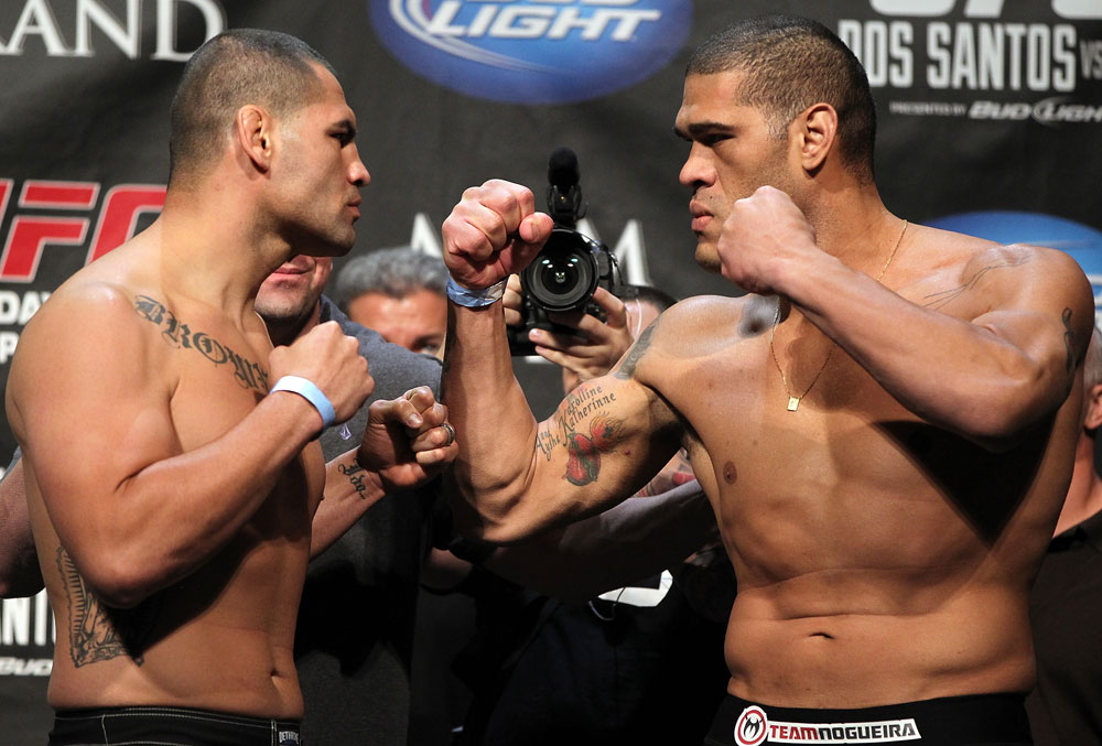 LAS VEGAS, NV - MAY 25: (L-R) Opponents Cain Velasquez and Antonio "Big Foot" Silva face off after making weight during the UFC 146 official weigh in at the MGM Grand Garden Arena on May 25, 2012 in Las Vegas, Nevada. (Photo by Josh Hedges/Zuffa LLC/Zuffa LLC via Getty Images)