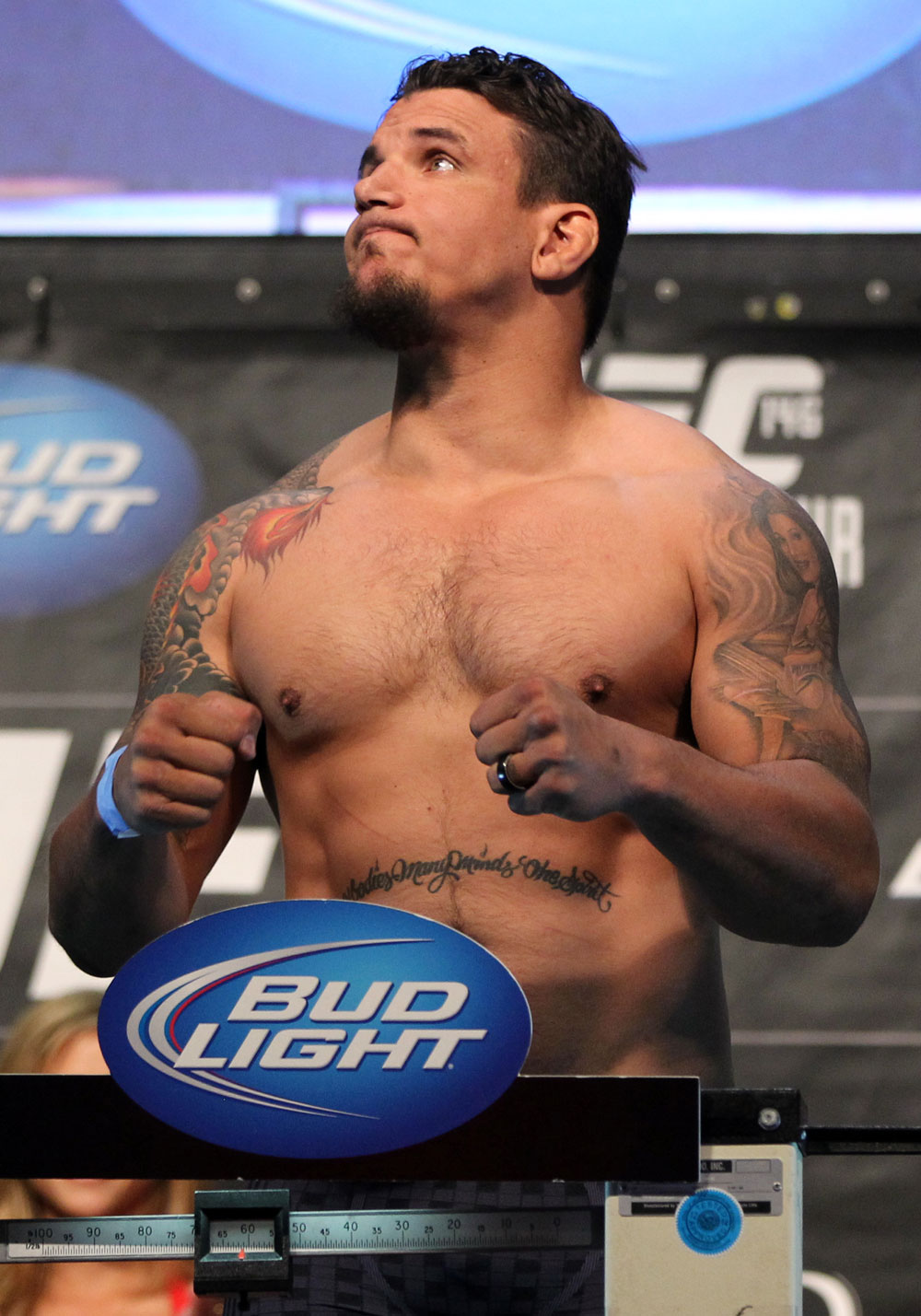 LAS VEGAS, NV - MAY 25: Frank Mir makes weight ahead of his Heavyweight Championship bout against Junior dos Santos during the UFC 146 official weigh in at the MGM Grand Garden Arena on May 25, 2012 in Las Vegas, Nevada. (Photo by Josh Hedges/Zuffa LLC/Zuffa LLC via Getty Images)