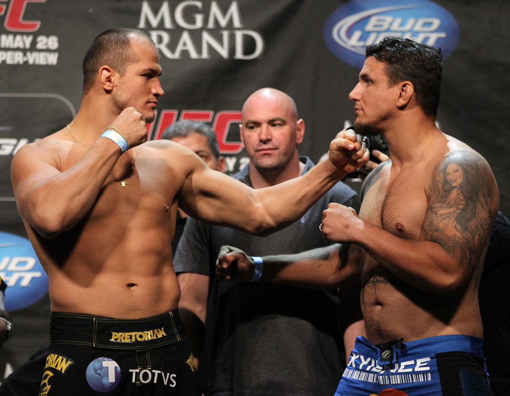 LAS VEGAS, NV - MAY 25: (L-R) UFC Heavyweight Champion Junior dos Santos and challenger Frank Mir face off during the UFC 146 official weigh in at the MGM Grand Garden Arena on May 25, 2012 in Las Vegas, Nevada. (Photo by Josh Hedges/Zuffa LLC/Zuffa LLC via Getty Images)