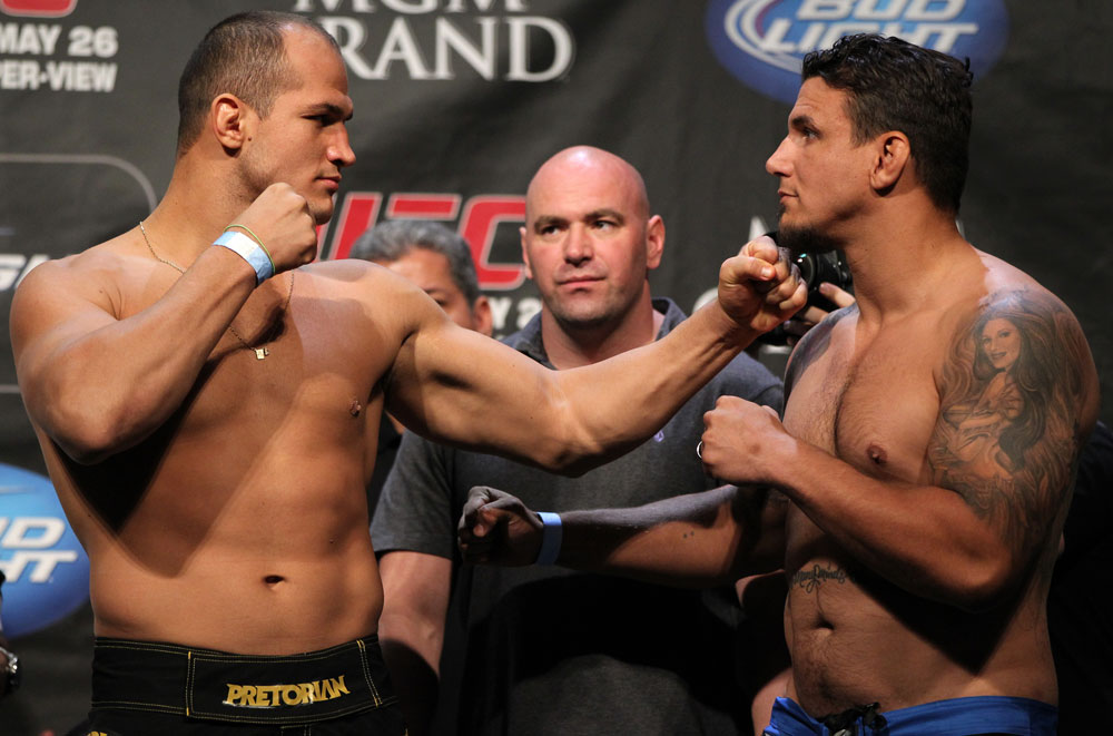 LAS VEGAS, NV - MAY 25: (L-R) UFC Heavyweight Champion Junior dos Santos and challenger Frank Mir face off during the UFC 146 official weigh in at the MGM Grand Garden Arena on May 25, 2012 in Las Vegas, Nevada. (Photo by Josh Hedges/Zuffa LLC/Zuffa LLC via Getty Images)