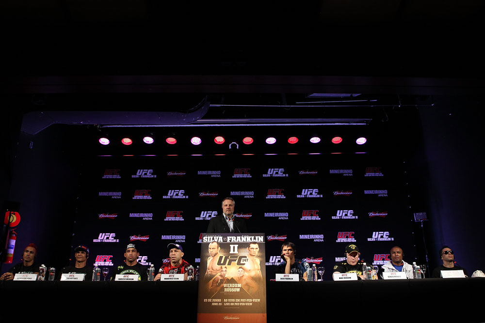 BELO HORIZONTE, BRAZIL - JUNE 21:   A general view of the fighters on the dais during the UFC 147 press conference at Ouro Minas Palace on June 21, 2012 in Belo Horizonte, Brazil.  (Photo by Josh Hedges/Zuffa LLC/Zuffa LLC via Getty Images)