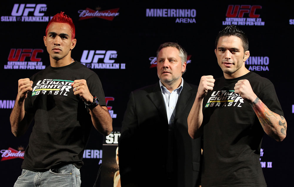 BELO HORIZONTE, BRAZIL - JUNE 21: (L-R) Opponents Godofredo Pepey and Rony "Jason" Mariano Bezerra pose for photos at the UFC 147 press conference at Ouro Minas Palace on June 21, 2012 in Belo Horizonte, Brazil. (Photo by Josh Hedges/Zuffa LLC/Zuffa LLC via Getty Images)