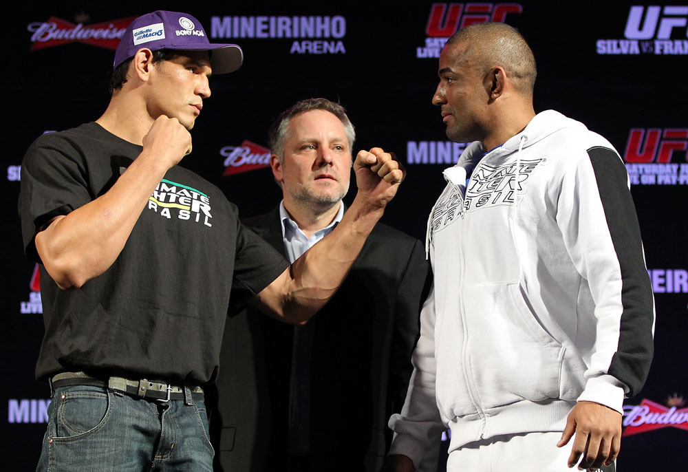 BELO HORIZONTE, BRAZIL - JUNE 21:   (L-R) Opponents Cezar "Mutante" Ferreira and Sergio "Serginho" Moraes face off during the UFC 147 press conference at Ouro Minas Palace on June 21, 2012 in Belo Horizonte, Brazil.  (Photo by Josh Hedges/Zuffa LLC/Zuffa LLC via Getty Images)