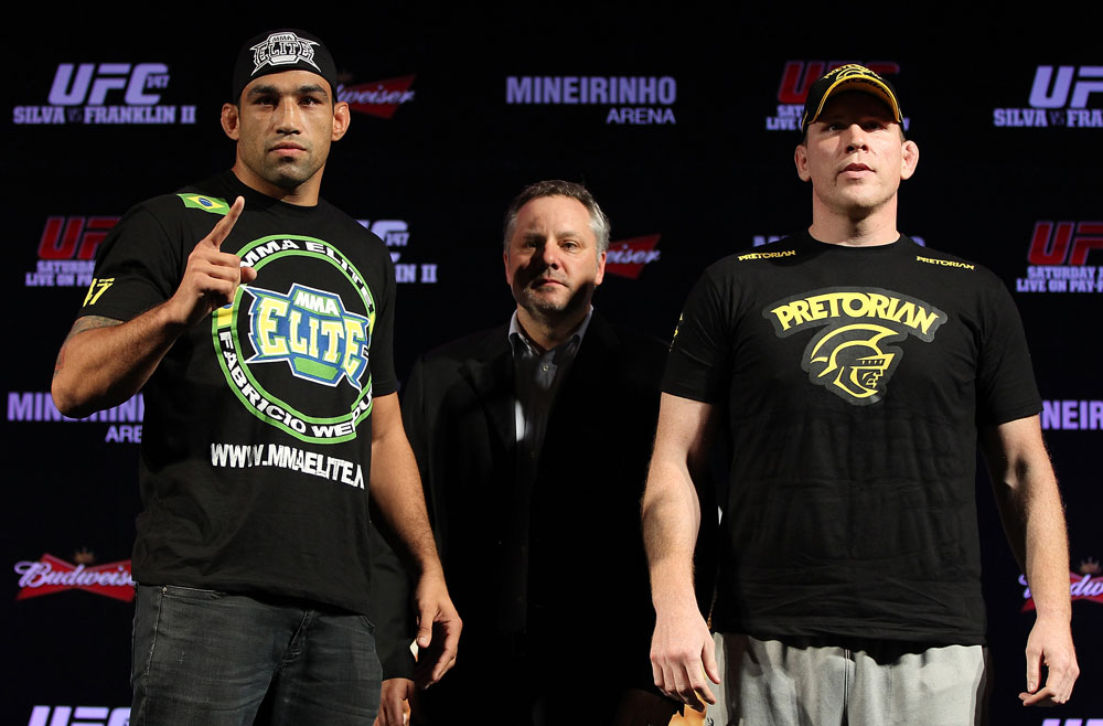 BELO HORIZONTE, BRAZIL - JUNE 21:   (L-R) Heavyweight opponents Fabricio Werdum and Mike Russow pose for photos during the UFC 147 press conference at Ouro Minas Palace on June 21, 2012 in Belo Horizonte, Brazil.  (Photo by Josh Hedges/Zuffa LLC/Zuffa LLC via Getty Images)