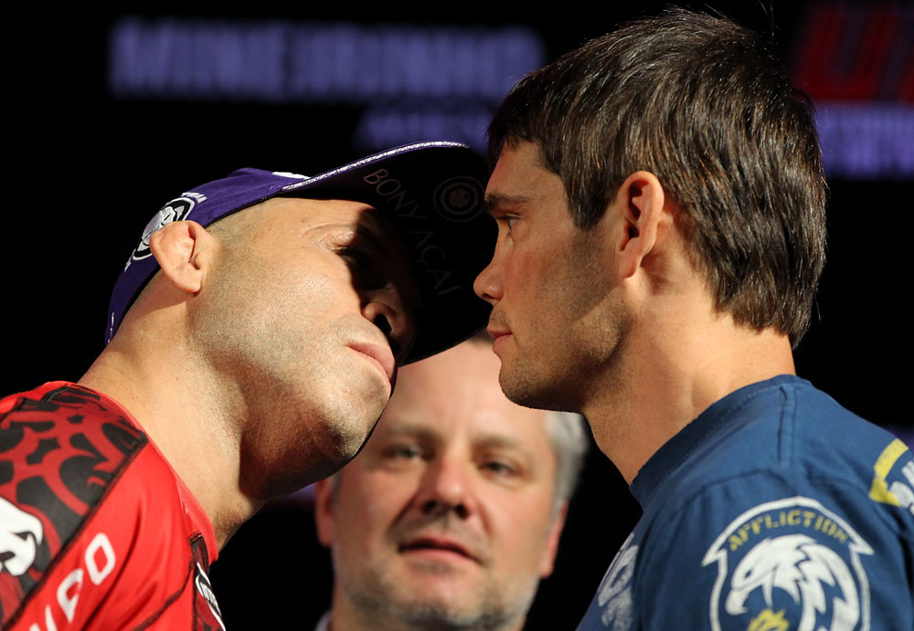 BELO HORIZONTE, BRAZIL - JUNE 21:   (L-R) Opponents Wanderlei Silva and Rich Franklin face off during the UFC 147 press conference at Ouro Minas Palace on June 21, 2012 in Belo Horizonte, Brazil.  (Photo by Josh Hedges/Zuffa LLC/Zuffa LLC via Getty Images)
