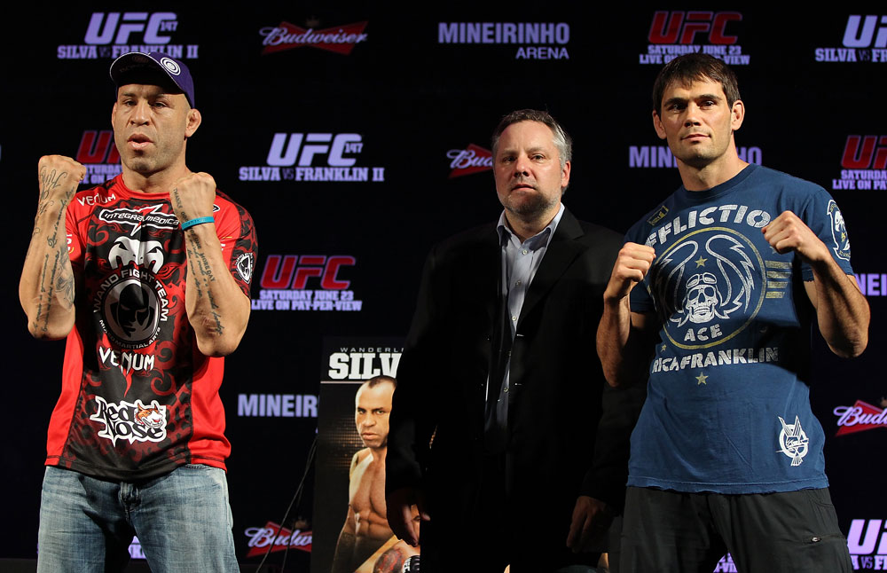 BELO HORIZONTE, BRAZIL - JUNE 21:   (L-R) Opponents Wanderlei Silva and Rich Franklin pose for photos during the UFC 147 press conference at Ouro Minas Palace on June 21, 2012 in Belo Horizonte, Brazil.  (Photo by Josh Hedges/Zuffa LLC/Zuffa LLC via Getty Images)