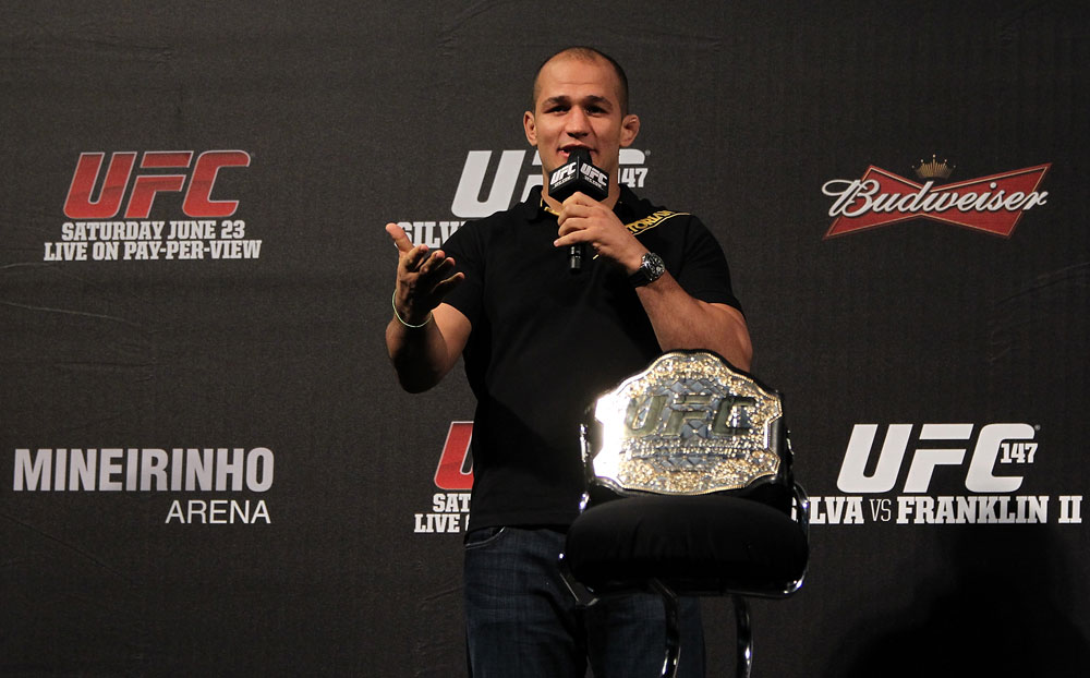 BELO HORIZONTE, BRAZIL - JUNE 22:  UFC Heavyweight Champion Junior dos Santos interacts with fans during a Q&A session before the UFC 147 weigh in at Est&Atilde;&iexcl;dio Jornalista Felipe Drummond on June 22, 2012 in Belo Horizonte, Brazil.  (Photo by Josh Hedges/Zuffa LLC/Zuffa LLC via Getty Images)