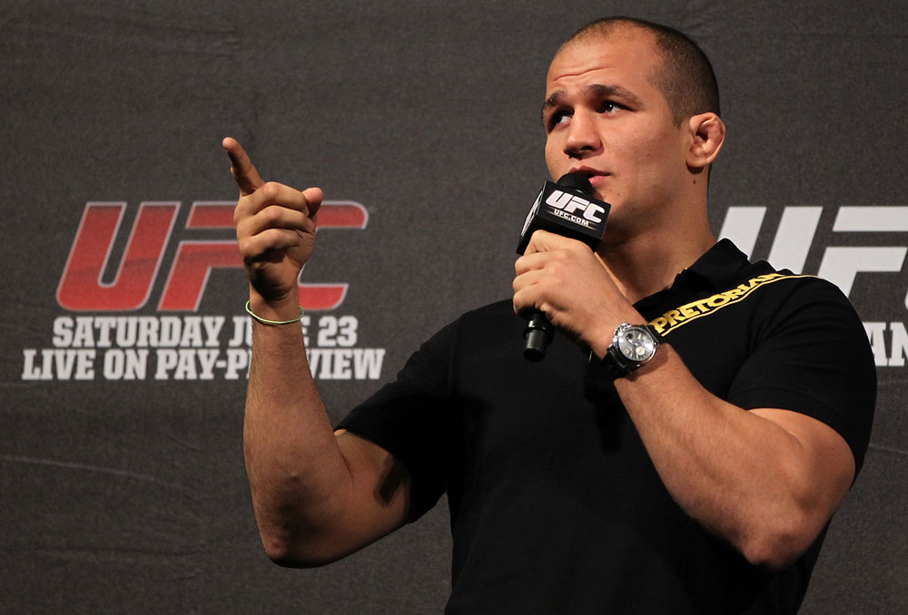 BELO HORIZONTE, BRAZIL - JUNE 22:  UFC Heavyweight Champion Junior dos Santos interacts with fans during a Q&A session before the UFC 147 weigh in at Est&Atilde;&iexcl;dio Jornalista Felipe Drummond on June 22, 2012 in Belo Horizonte, Brazil.  (Photo by Josh Hedges/Zuffa LLC/Zuffa LLC via Getty Images)