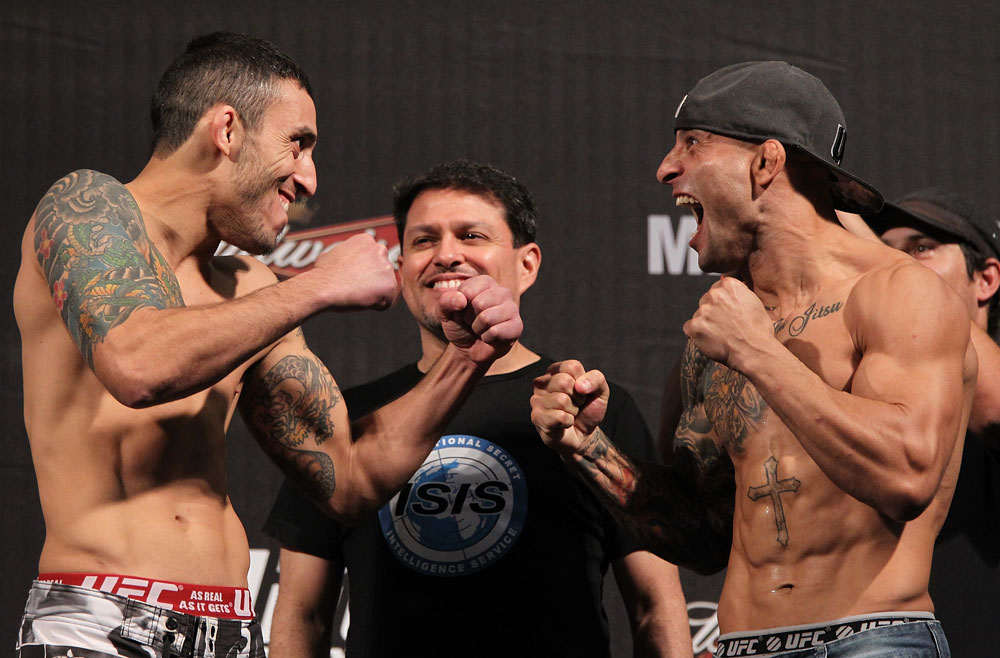 BELO HORIZONTE, BRAZIL - JUNE 22:   (L-R) Opponents Marcos Vinicius and Wagner Campos face off after making weight during the UFC 147 weigh in at Est&Atilde;&iexcl;dio Jornalista Felipe Drummond on June 22, 2012 in Belo Horizonte, Brazil.  (Photo by Josh Hedges/Zuffa LLC/Zuffa LLC via Getty Images)
