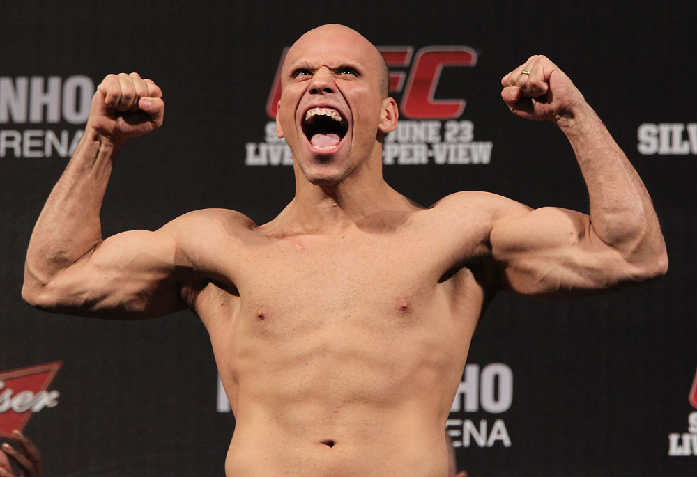 BELO HORIZONTE, BRAZIL - JUNE 22:   Thiago Perpetuo makes weight during the UFC 147 weigh in at Est&Atilde;&iexcl;dio Jornalista Felipe Drummond on June 22, 2012 in Belo Horizonte, Brazil.  (Photo by Josh Hedges/Zuffa LLC/Zuffa LLC via Getty Images)
