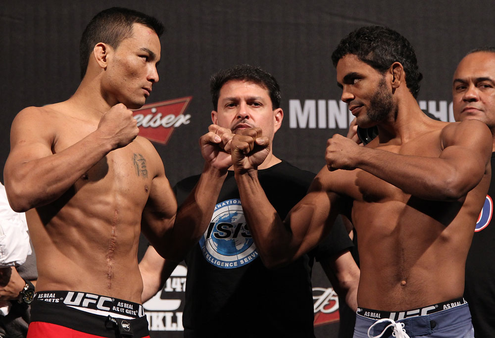 BELO HORIZONTE, BRAZIL - JUNE 22:   (L-R) Opponents John Teixeira and Hugo "Wolverine" Viana face off after weighing in during the UFC 147 weigh in at Est&Atilde;&iexcl;dio Jornalista Felipe Drummond on June 22, 2012 in Belo Horizonte, Brazil.  (Photo by Josh Hedges/Zuffa LLC/Zuffa LLC via Getty Images)