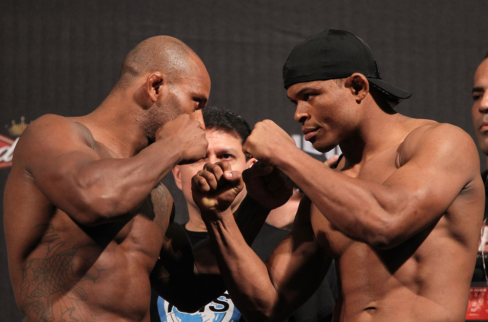 BELO HORIZONTE, BRAZIL - JUNE 22:   (L-R) Opponents Delson Heleno and Francisco Trinaldo face off  during the UFC 147 weigh in at Est&Atilde;&iexcl;dio Jornalista Felipe Drummond on June 22, 2012 in Belo Horizonte, Brazil.  (Photo by Josh Hedges/Zuffa LLC/Zuffa LLC via Getty Images)
