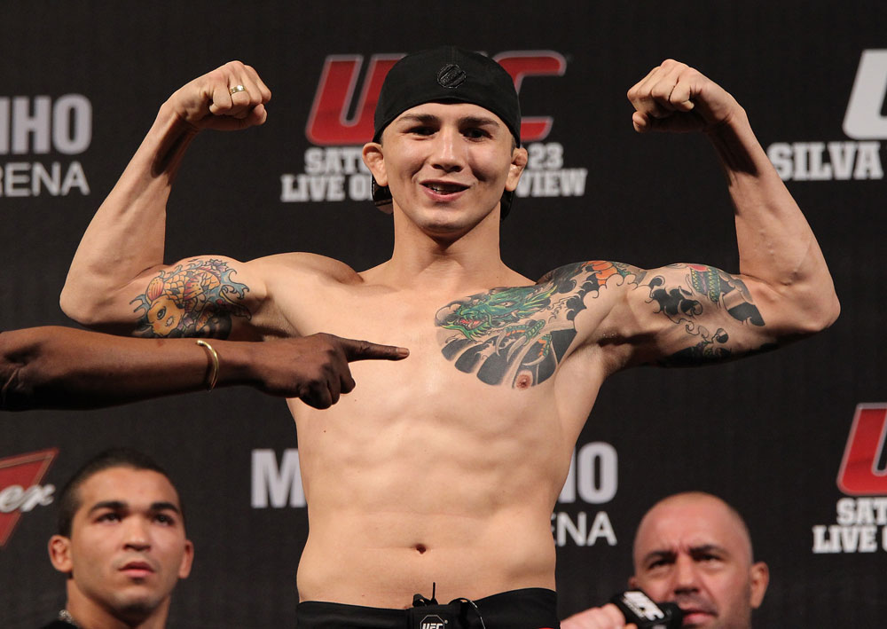 BELO HORIZONTE, BRAZIL - JUNE 22:   Anistavio Medeiros makes weight during the UFC 147 weigh in at Estadio Jornalista Felipe Drummond on June 22, 2012 in Belo Horizonte, Brazil.  (Photo by Josh Hedges/Zuffa LLC/Zuffa LLC via Getty Images)