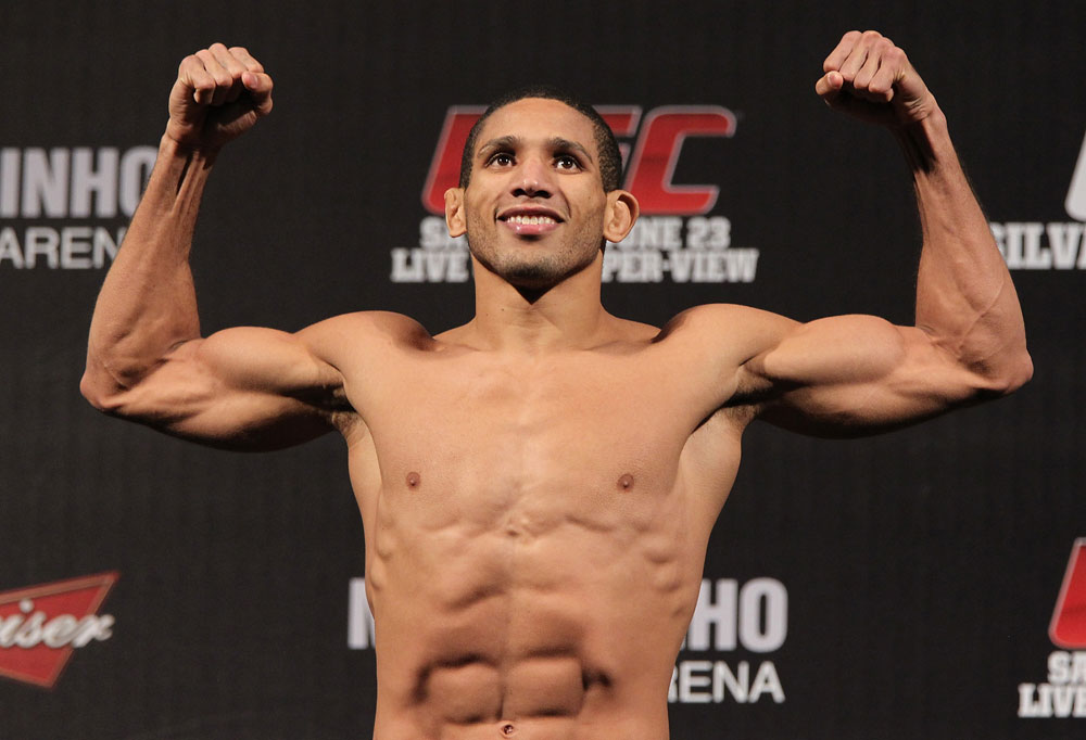 BELO HORIZONTE, BRAZIL - JUNE 22:   Hacran Dias makes weight during the UFC 147 weigh in at Estadio Jornalista Felipe Drummond on June 22, 2012 in Belo Horizonte, Brazil.  (Photo by Josh Hedges/Zuffa LLC/Zuffa LLC via Getty Images)