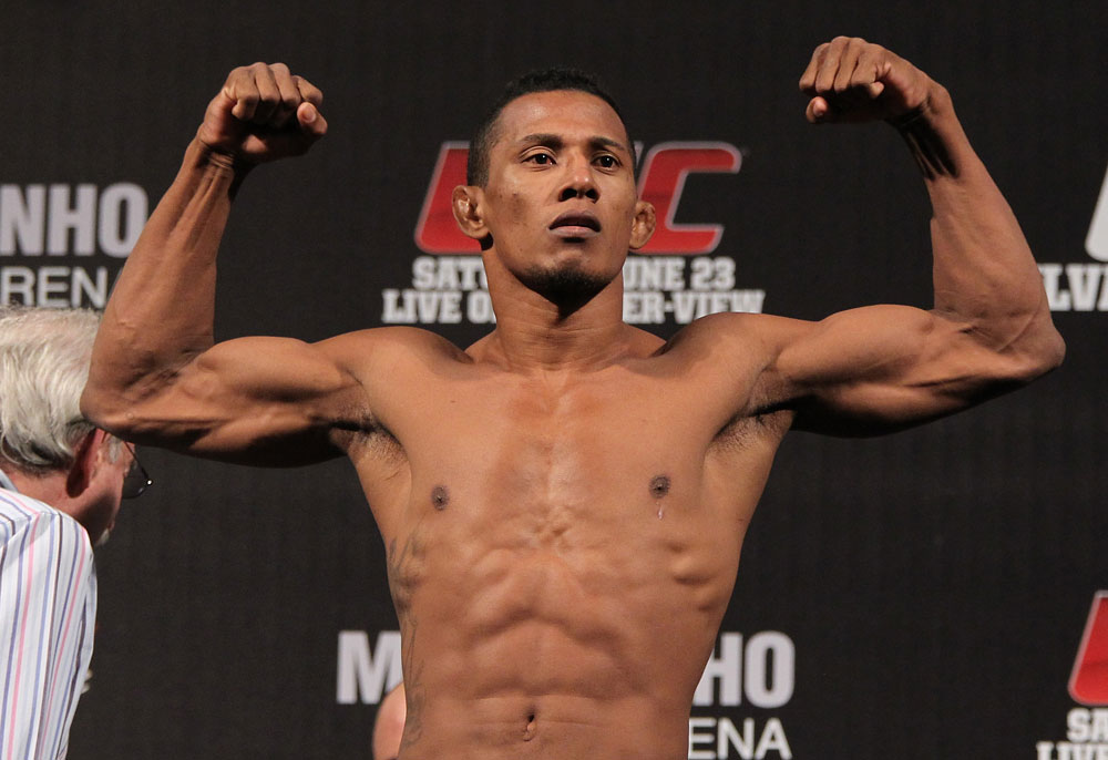BELO HORIZONTE, BRAZIL - JUNE 22:   Yuri Alcantara makes weight during the UFC 147 weigh in at Estadio Jornalista Felipe Drummond on June 22, 2012 in Belo Horizonte, Brazil.  (Photo by Josh Hedges/Zuffa LLC/Zuffa LLC via Getty Images)