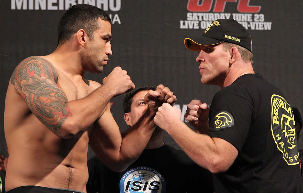 BELO HORIZONTE, BRAZIL - JUNE 22:   (L-R) Opponents Fabricio Werdum and Mike Russow face off after making weight during the UFC 147 weigh in at Estadio Jornalista Felipe Drummond on June 22, 2012 in Belo Horizonte, Brazil.  (Photo by Josh Hedges/Zuffa LLC/Zuffa LLC via Getty Images)