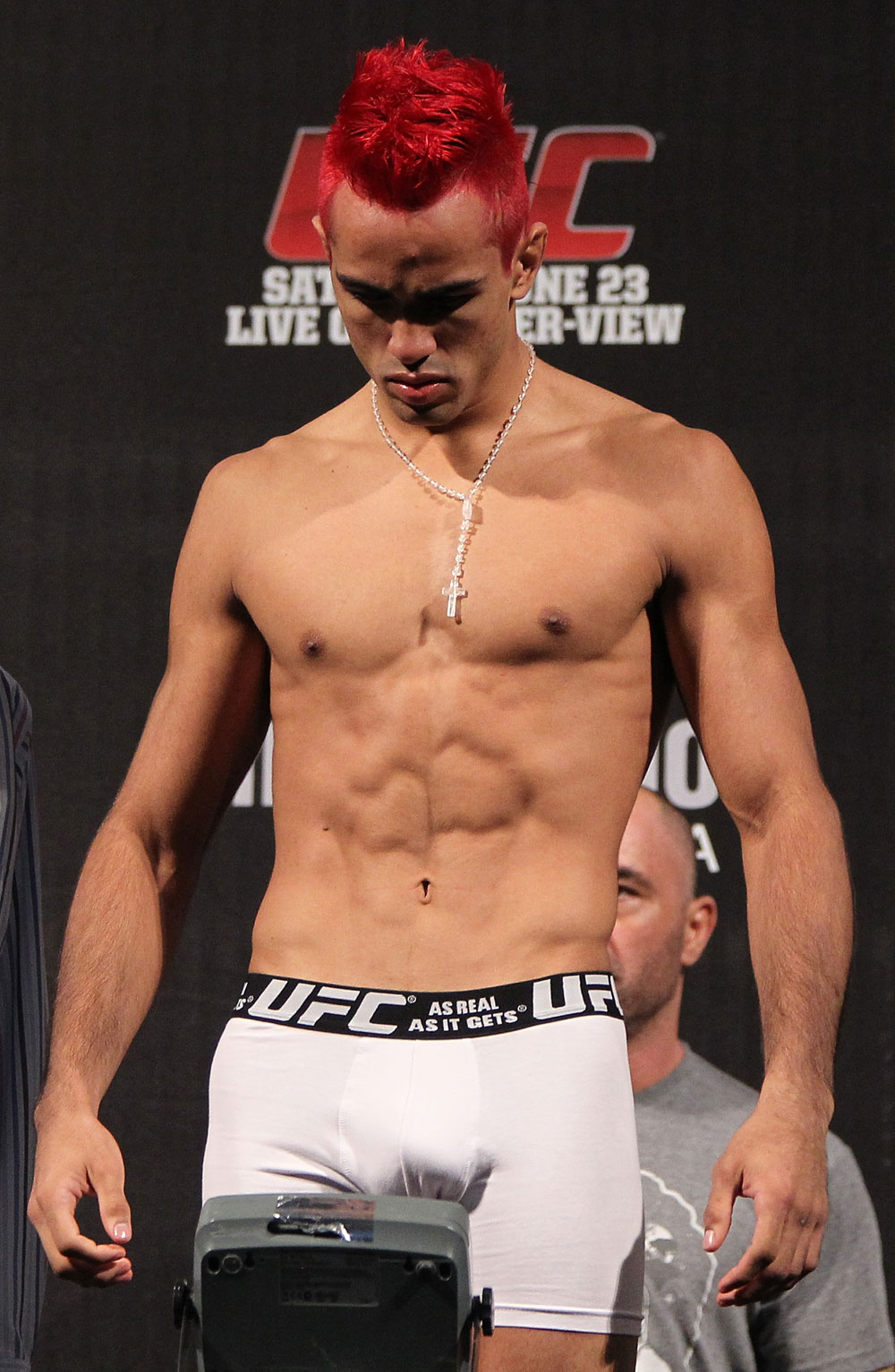 BELO HORIZONTE, BRAZIL - JUNE 22:   Godofredo Pepey makes weight during the UFC 147 weigh in at Estadio Jornalista Felipe Drummond on June 22, 2012 in Belo Horizonte, Brazil.  (Photo by Josh Hedges/Zuffa LLC/Zuffa LLC via Getty Images)