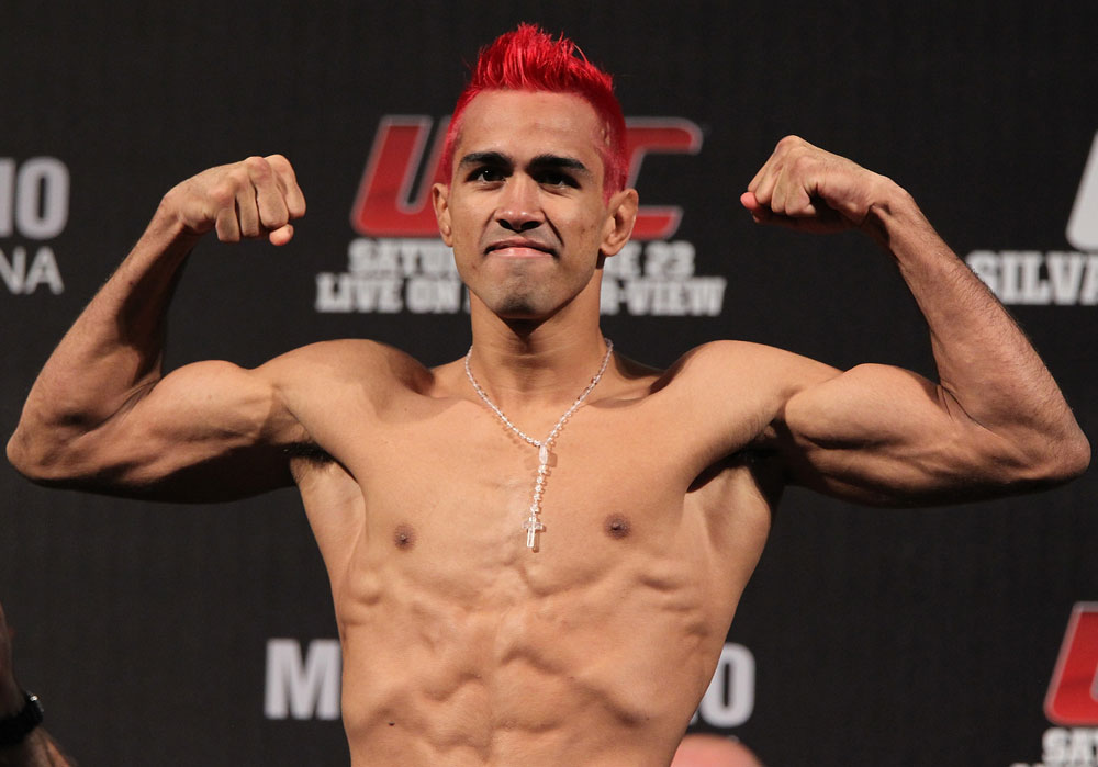 BELO HORIZONTE, BRAZIL - JUNE 22:   Godofredo Pepey makes weight during the UFC 147 weigh in at Estadio Jornalista Felipe Drummond on June 22, 2012 in Belo Horizonte, Brazil.  (Photo by Josh Hedges/Zuffa LLC/Zuffa LLC via Getty Images)