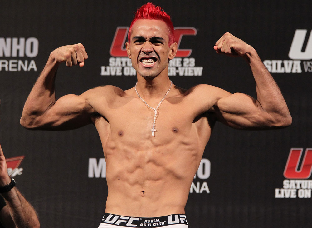 BELO HORIZONTE, BRAZIL - JUNE 22:   Godofredo Pepey makes weight during the UFC 147 weigh in at Estadio Jornalista Felipe Drummond on June 22, 2012 in Belo Horizonte, Brazil.  (Photo by Josh Hedges/Zuffa LLC/Zuffa LLC via Getty Images)