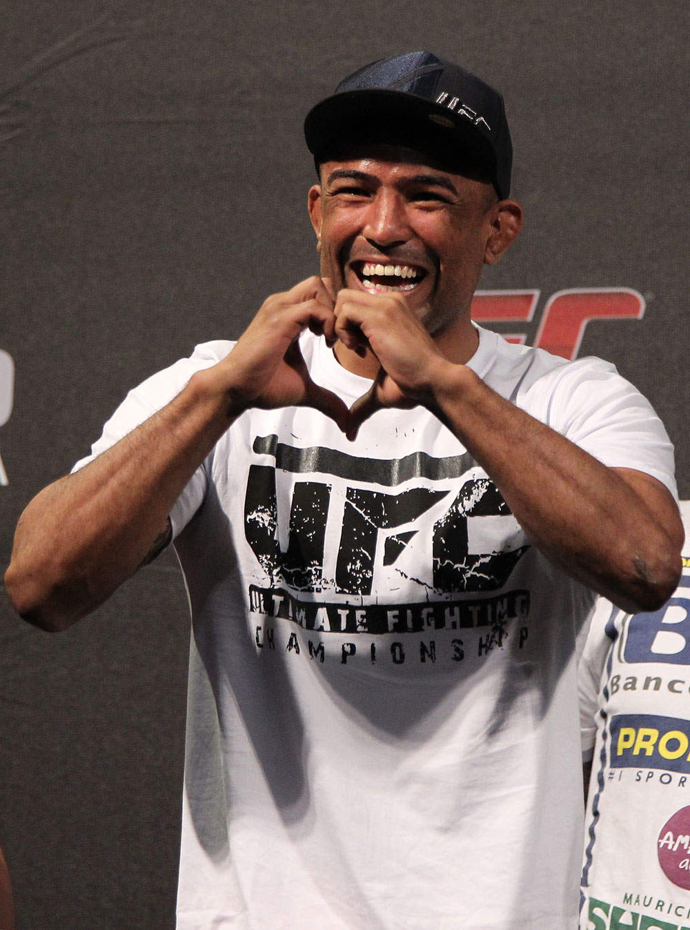 BELO HORIZONTE, BRAZIL - JUNE 22:   Sergio "Serginho" Moraes salutes the crowd before weighing in during the UFC 147 weigh in at Estadio Jornalista Felipe Drummond on June 22, 2012 in Belo Horizonte, Brazil.  (Photo by Josh Hedges/Zuffa LLC/Zuffa LLC via Getty Images)