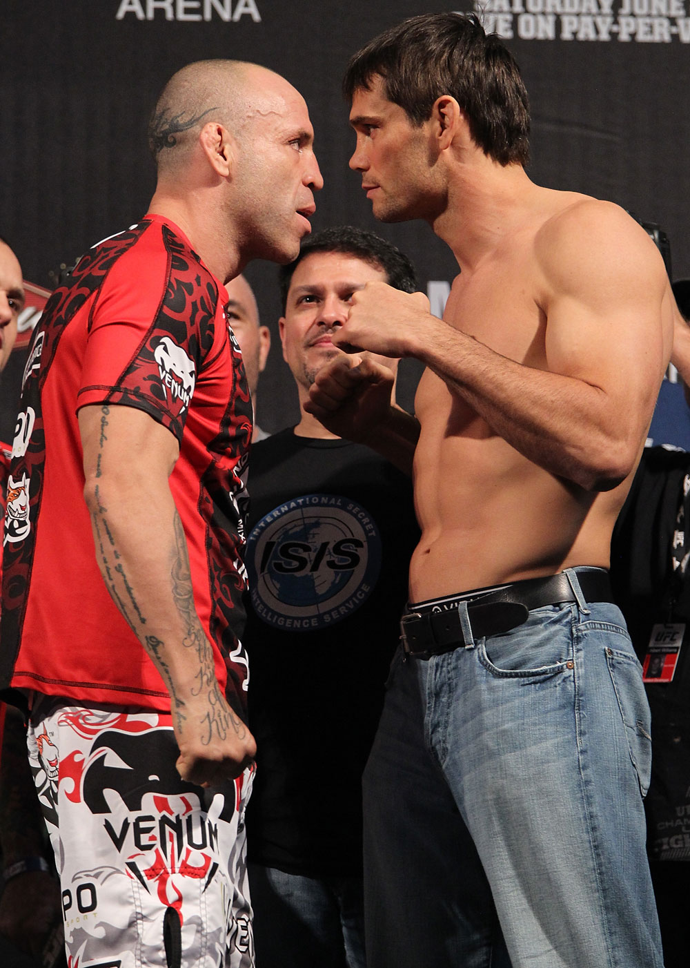 BELO HORIZONTE, BRAZIL - JUNE 22:   (L-R) Opponents Wanderlei Silva and Rich Franklin face off after making weight during the UFC 147 weigh in at Estadio Jornalista Felipe Drummond on June 22, 2012 in Belo Horizonte, Brazil.  (Photo by Josh Hedges/Zuffa LLC/Zuffa LLC via Getty Images)