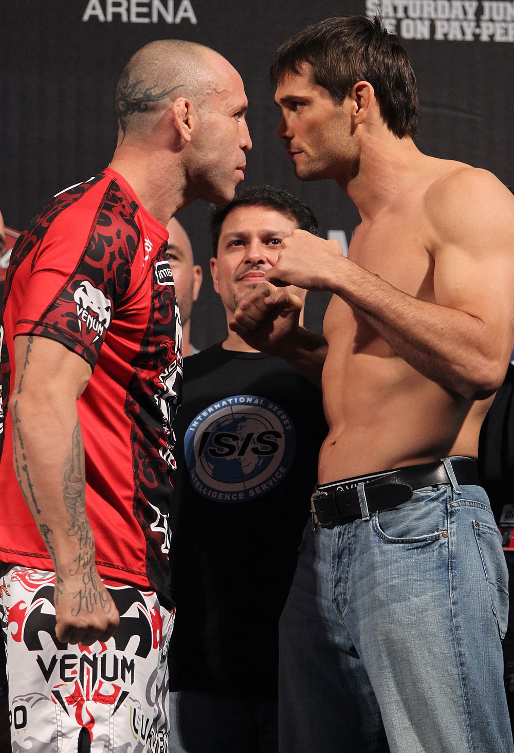 BELO HORIZONTE, BRAZIL - JUNE 22:   (L-R) Opponents Wanderlei Silva and Rich Franklin face off after making weight during the UFC 147 weigh in at Estadio Jornalista Felipe Drummond on June 22, 2012 in Belo Horizonte, Brazil.  (Photo by Josh Hedges/Zuffa LLC/Zuffa LLC via Getty Images)