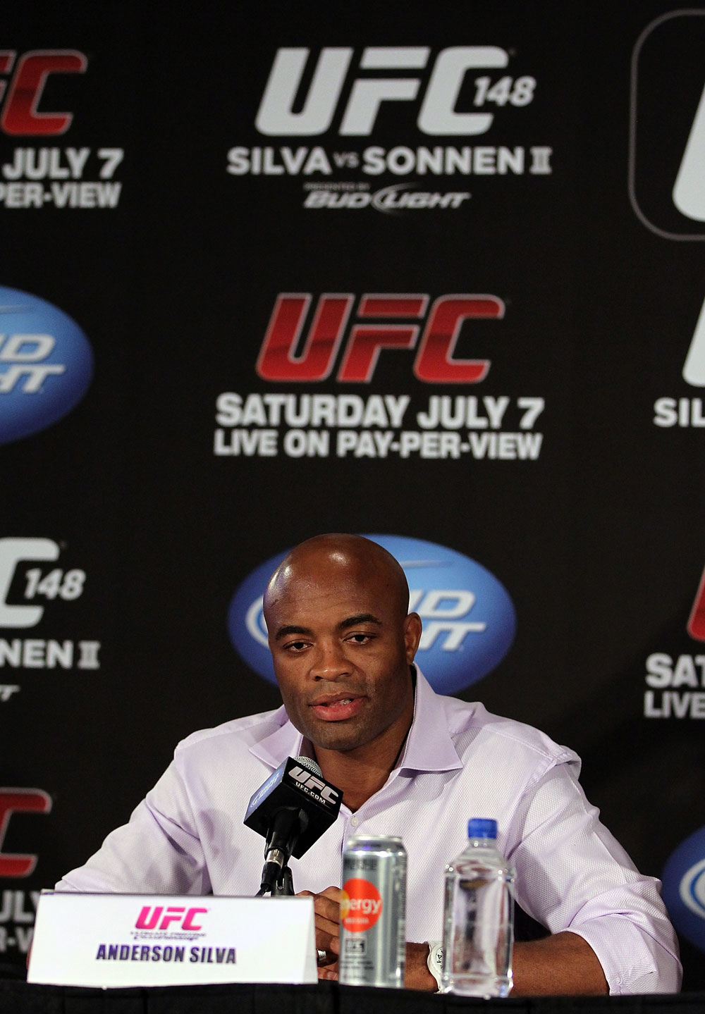 LAS VEGAS, NV - JULY 3:   UFC Middleweight Champion Anderson Silva attends  the UFC 148 press conference at Lagasse's Stadium inside The Palazzo on July 3, 2012 in Las Vegas, Nevada.  (Photo by Josh Hedges/Zuffa LLC/Zuffa LLC via Getty Images)