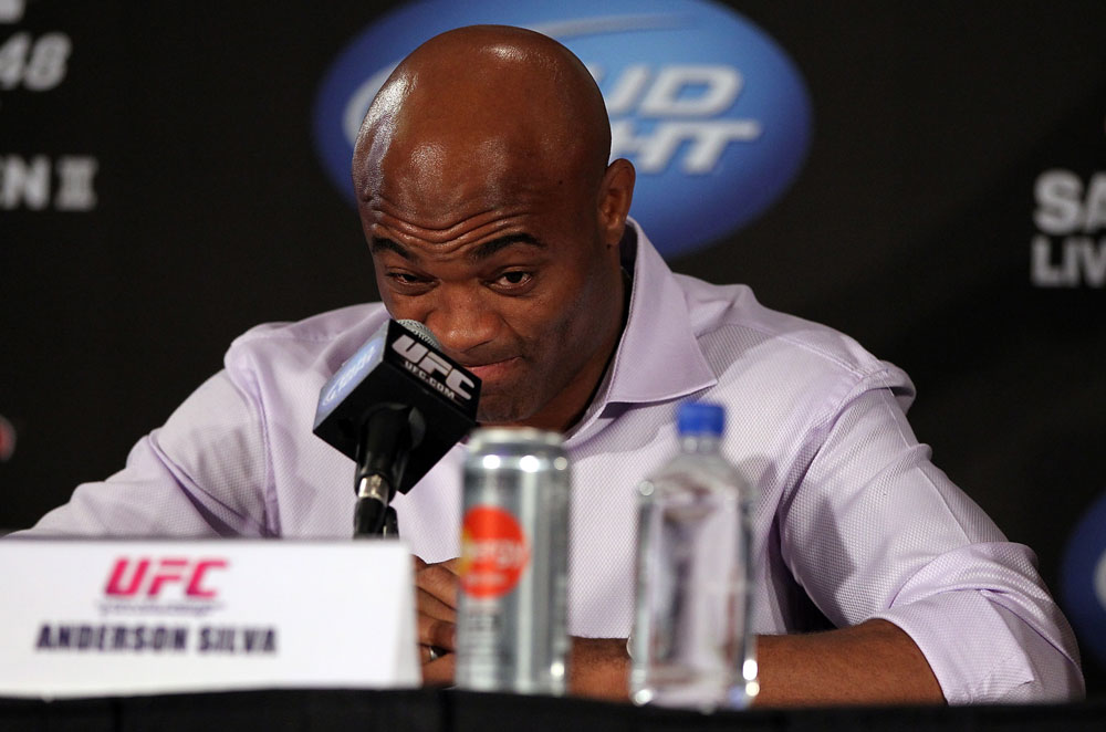 LAS VEGAS, NV - JULY 3:   UFC Middleweight Champion Anderson Silva attends  the UFC 148 press conference at Lagasse's Stadium inside The Palazzo on July 3, 2012 in Las Vegas, Nevada.  (Photo by Josh Hedges/Zuffa LLC/Zuffa LLC via Getty Images)